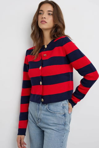 Knappad Randig Stickad Cardigan
