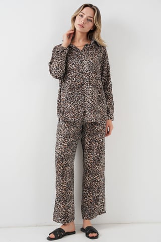 Leopard Print Button-Up Shirt and Wide Leg Pants Satin Two-Piece Set