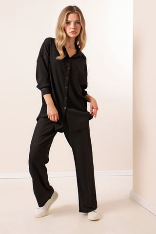 Textured Long Sleeve Knit Shirt & Pants Knitted Co-ord Set