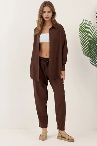 Linen Blend Long Sleeve Shirt and Pants Co-ord Set
