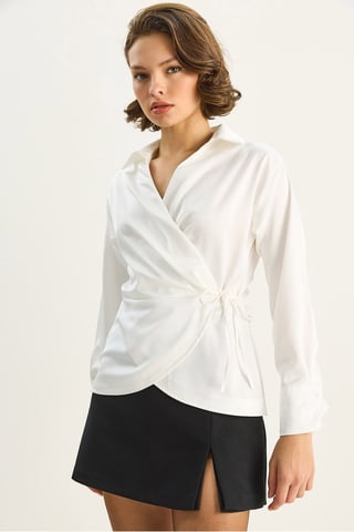 Satin V-Neck Shirt with Tie Closure