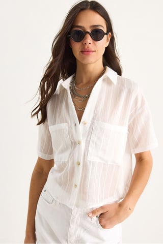 Textured Striped Crop Shirt with Pocket
