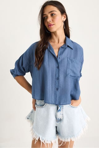 Textured Striped Crop Shirt with Button Closure and Pocket