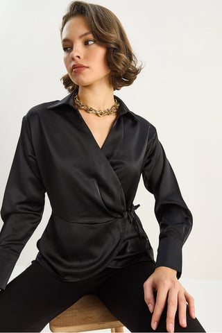 Satin V-Neck Shirt with Tie Closure