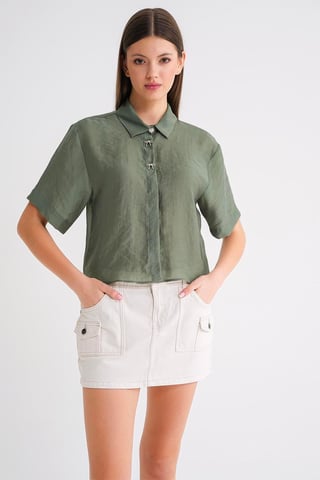 Short Sleeve Crop Shirt with Stone Accessories
