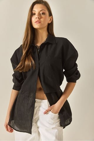 Oversized Long Sleeve Organza Shirt with Button Closure