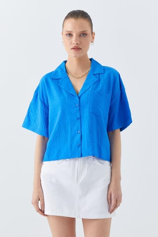 Loose Fit Button-Up Crop Shirt with Pocket