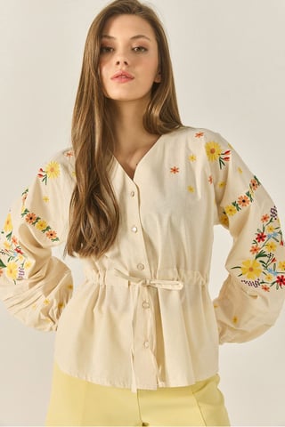 Embroidered V-Neck Cotton Shirt with Bow