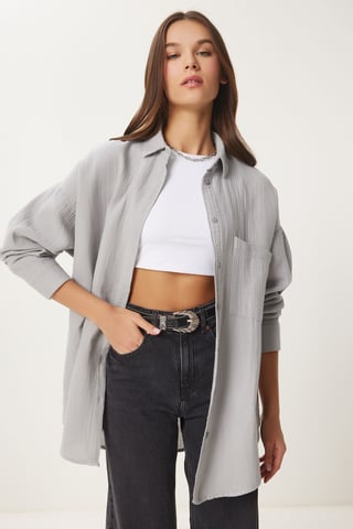 Oversized Textured Cotton Shirt with Pocket