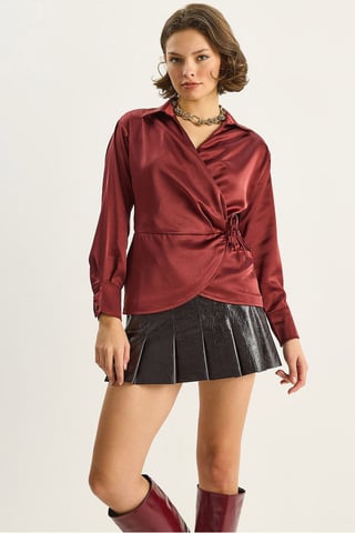 Satin V-Neck Shirt with Tie Closure