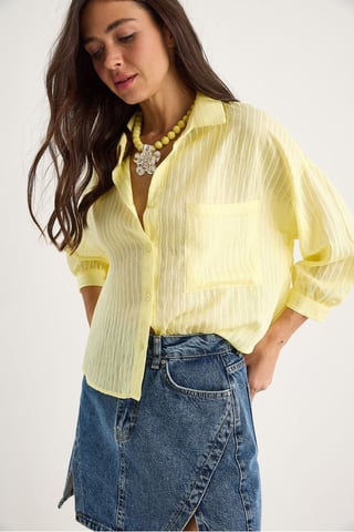 Textured Striped Crop Shirt with Button Closure and Pocket