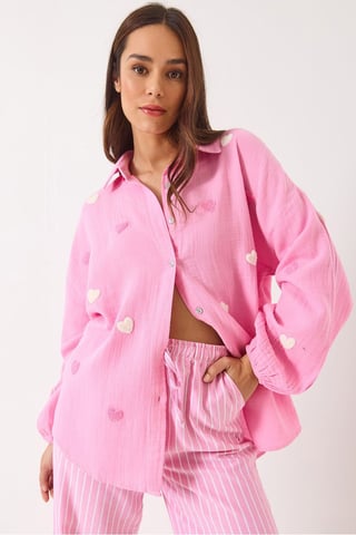 Embroidered Heart Pattern Oversized Button-Up Shirt