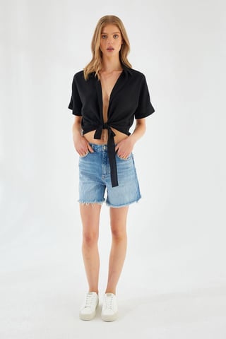 V-Neck Tie Closure Slim Fit Crop Shirt