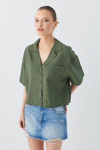Loose Fit Button-Up Crop Shirt with Pocket