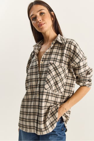 Oversized Long Sleeve Plaid Shirt with Pocket