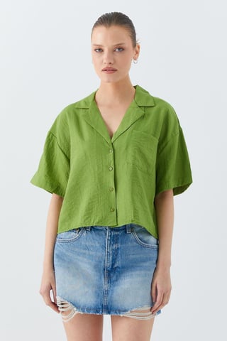 Loose Fit Button-Up Crop Shirt with Pocket
