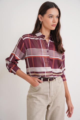 Plaid Button-Up Satin Shirt