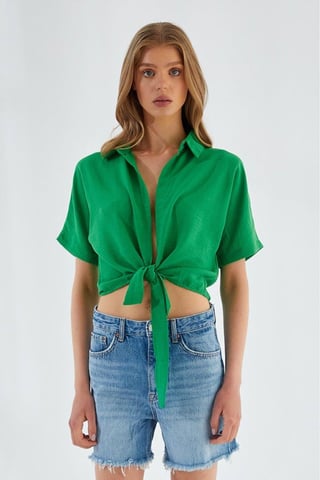V-Neck Tie Closure Slim Fit Crop Shirt