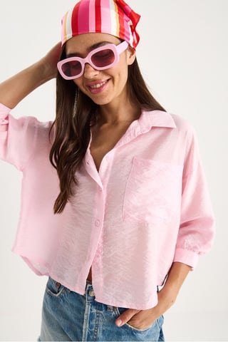 Textured Crop Shirt with Button Closure and Pocket