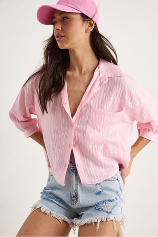 Textured Striped Crop Shirt with Button Closure and Pocket