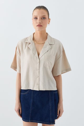 Loose Fit Button-Up Crop Shirt with Pocket