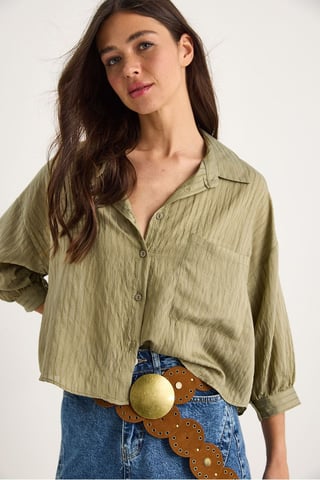 Textured Striped Crop Shirt with Button Closure and Pocket