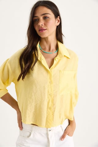 Textured Crop Shirt with Button Closure and Pocket