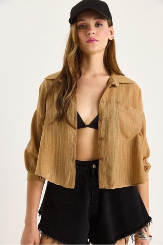 Textured Striped Crop Shirt with Button Closure and Pocket