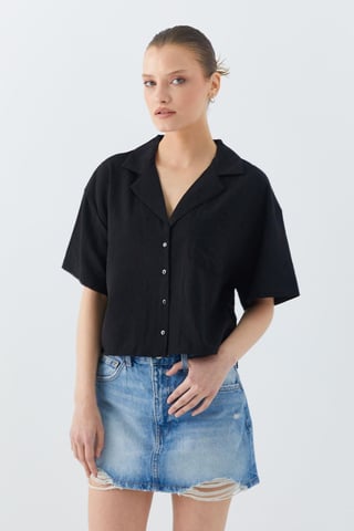 Loose Fit Button-Up Crop Shirt with Pocket