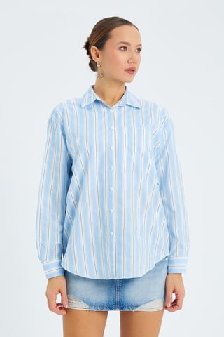 Loose Fit Striped Poplin Shirt with Button Closure