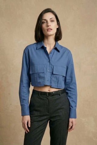 Cropped Button-Up Shirt with Pocket