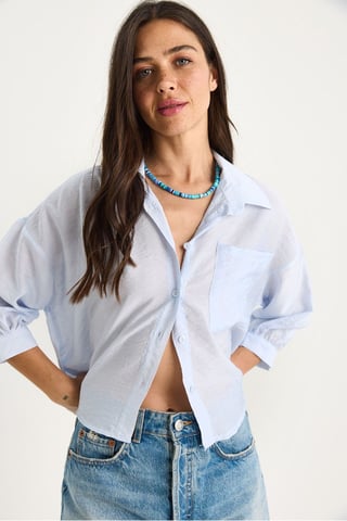 Textured Crop Shirt with Button Closure and Pocket
