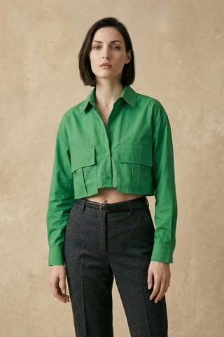 Cropped Button-Up Shirt with Pocket