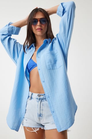 Oversized Textured Cotton Shirt with Pocket