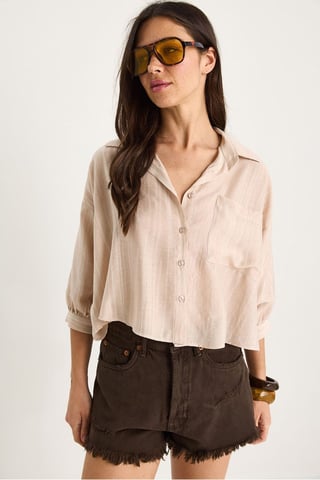 Textured Striped Crop Shirt with Button Closure and Pocket