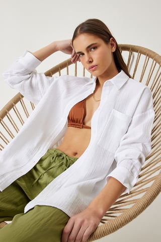 Oversized Textured Cotton Shirt with Pocket