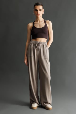 Mid Waist Straight Leg Cotton Pants with Tie Closure