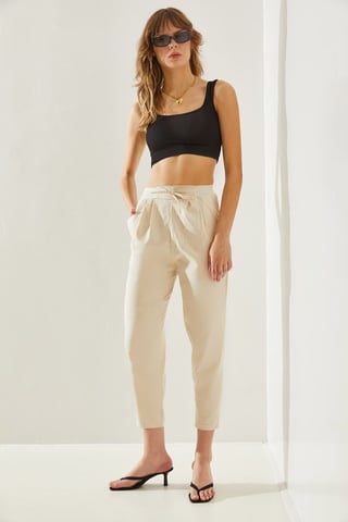 Cotton Elastane Straight Leg Pants with Bow