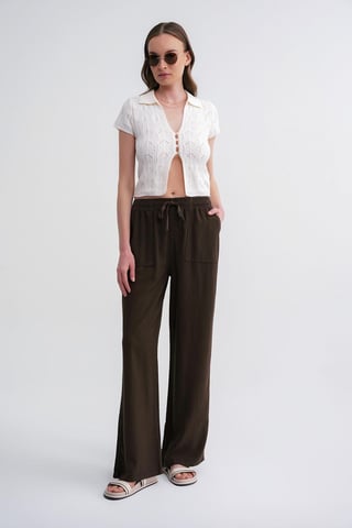 Mid Waist Straight Leg Cotton Pants with Tie Closure