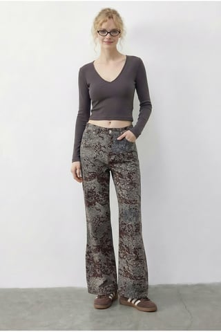 High Waist Paisley Print Straight Leg Denim Pants