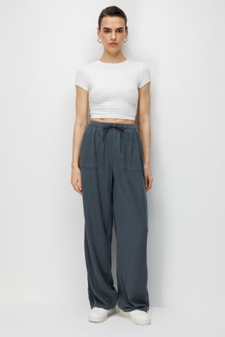 Mid Waist Straight Leg Cotton Pants with Tie Closure