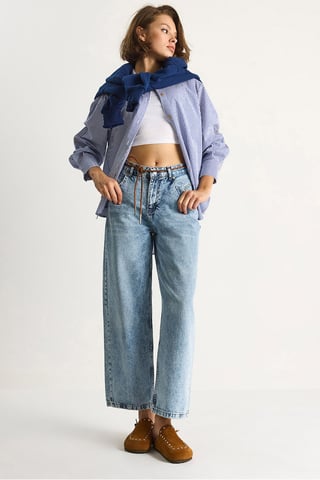 Straight Leg Denim Pants with Drawstring Waist