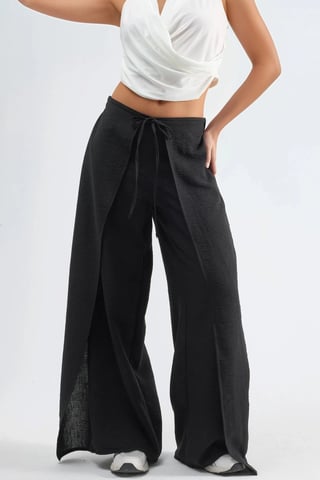Drawstring Waist Crepe Trousers with Tie Detail