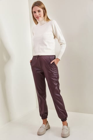 Faux Leather Jogger Pants with Cuffed Legs
