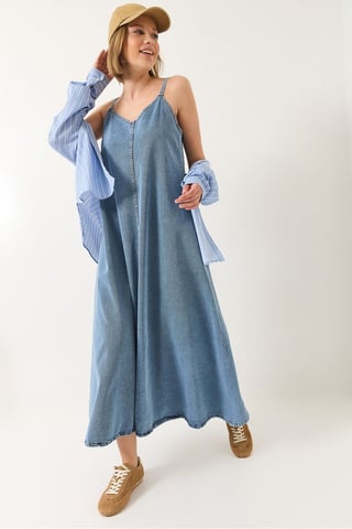 Maxi V-Neck Denim Dress with Button Closure