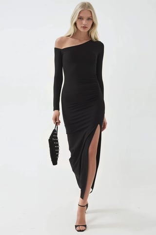 Asymmetrical Collar Maxi Dress with Slit