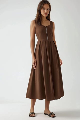 Maxi A-Form Dress with Crew Neck and Zipper