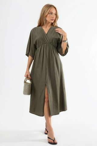V-Neck Midi Wrap Dress with Three Quarter Sleeves