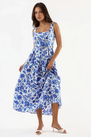 Bloemen Midi-jurk met Vierkante Kraag
