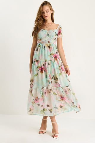 Midi Dress with Heart Collar and Floral Printed